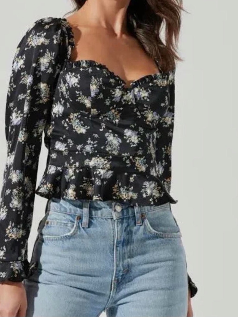 Astr Black Floral Ruffle Peplum Long Sleeve Top
